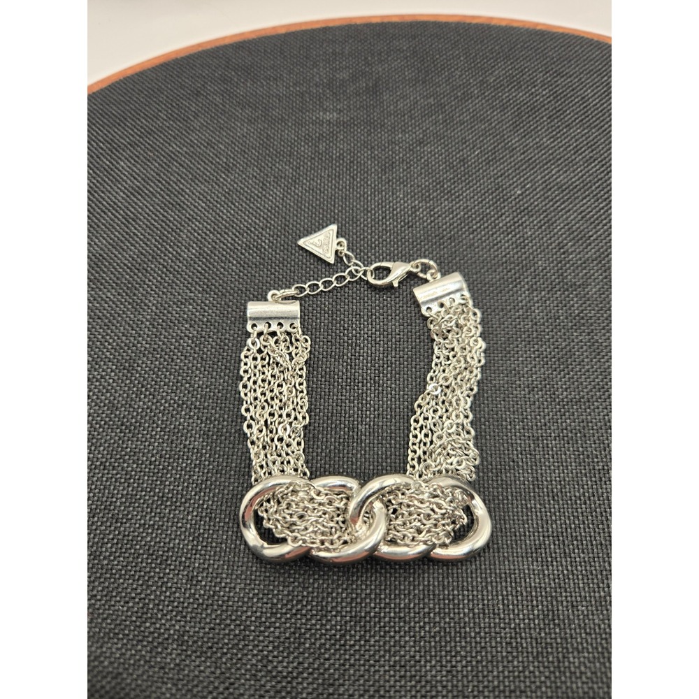 Guess Silver Tone Multi Strand Chain Link Bracelet Adjustable Logo Charm